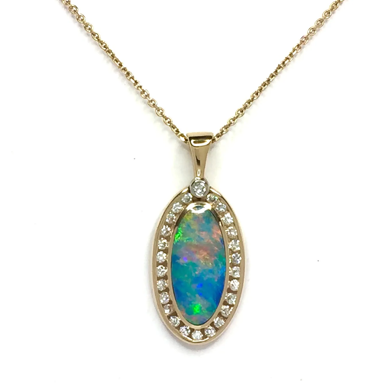 Opal Pendant Oval Inlaid Design with .37ctw Round Diamonds Halo