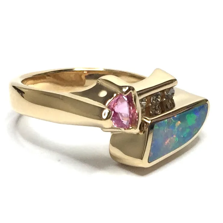Opal Rings Geometric Inlaid with Pink Sapphire and .08ctw Diamonds