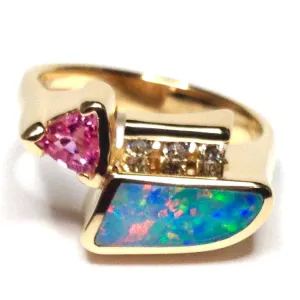 Opal Rings Geometric Inlaid with Pink Sapphire and .08ctw Diamonds