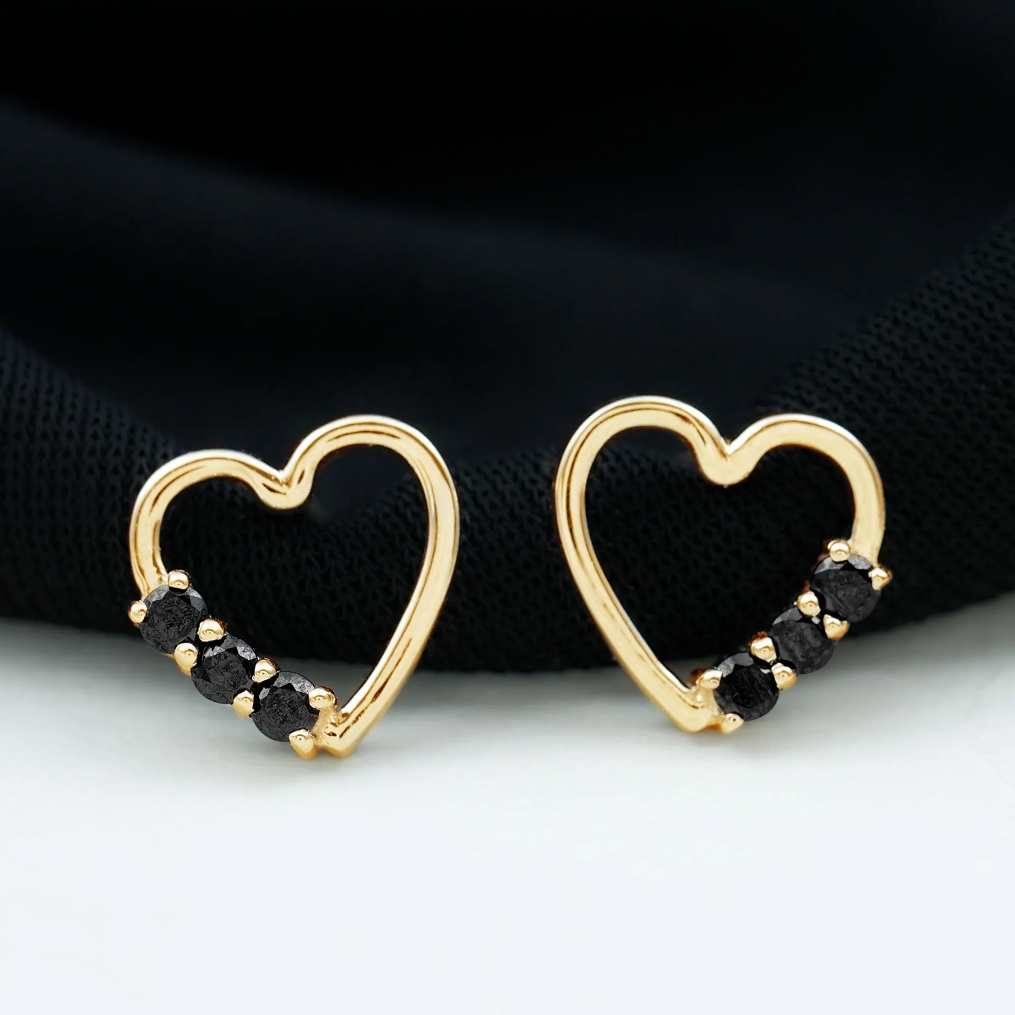 Open Heart Stud Earrings with Three Lab-Created Black Diamond