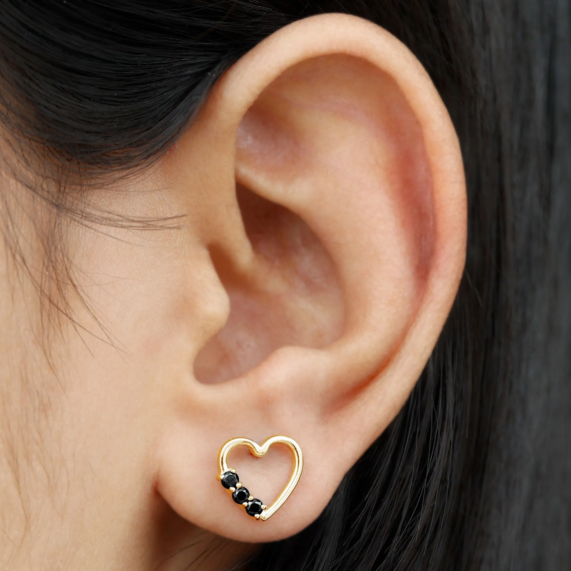 Open Heart Stud Earrings with Three Lab-Created Black Diamond