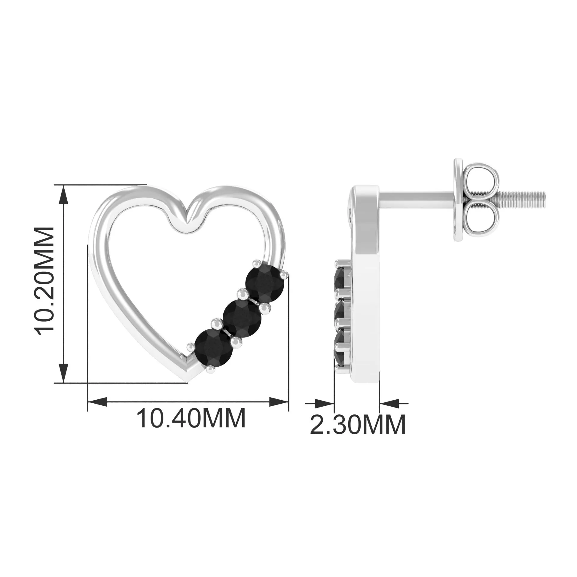 Open Heart Stud Earrings with Three Lab-Created Black Diamond