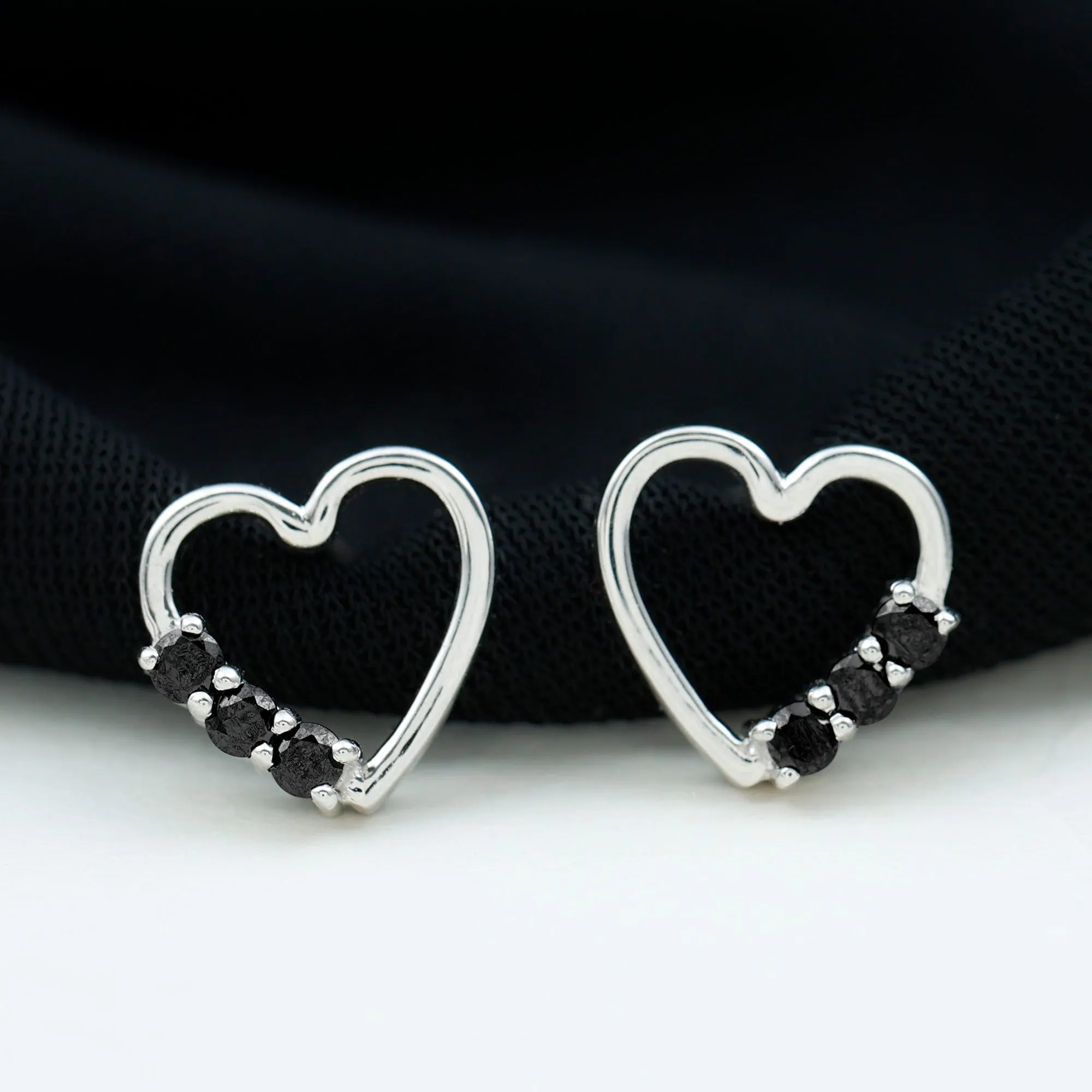 Open Heart Stud Earrings with Three Lab-Created Black Diamond