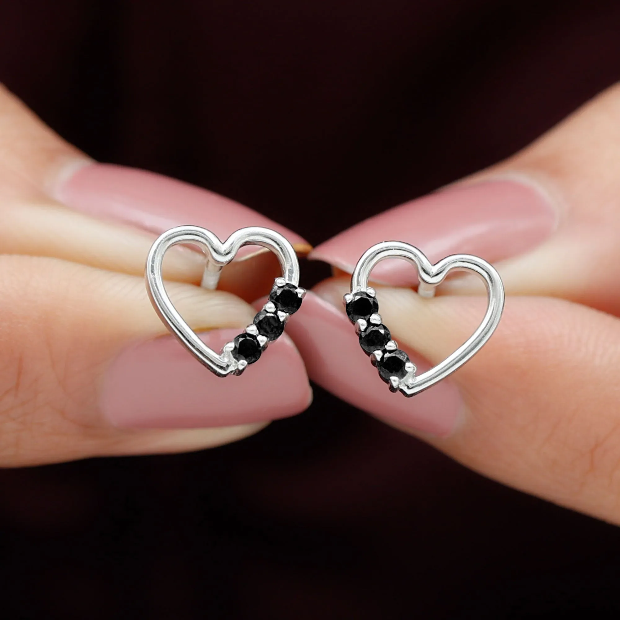 Open Heart Stud Earrings with Three Lab-Created Black Diamond