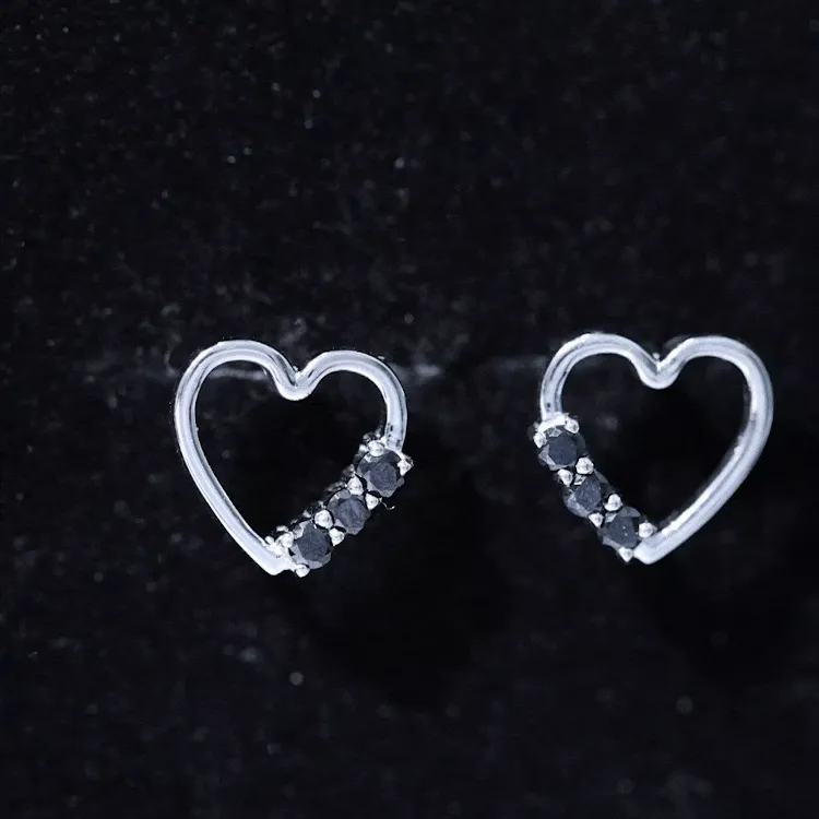 Open Heart Stud Earrings with Three Lab-Created Black Diamond