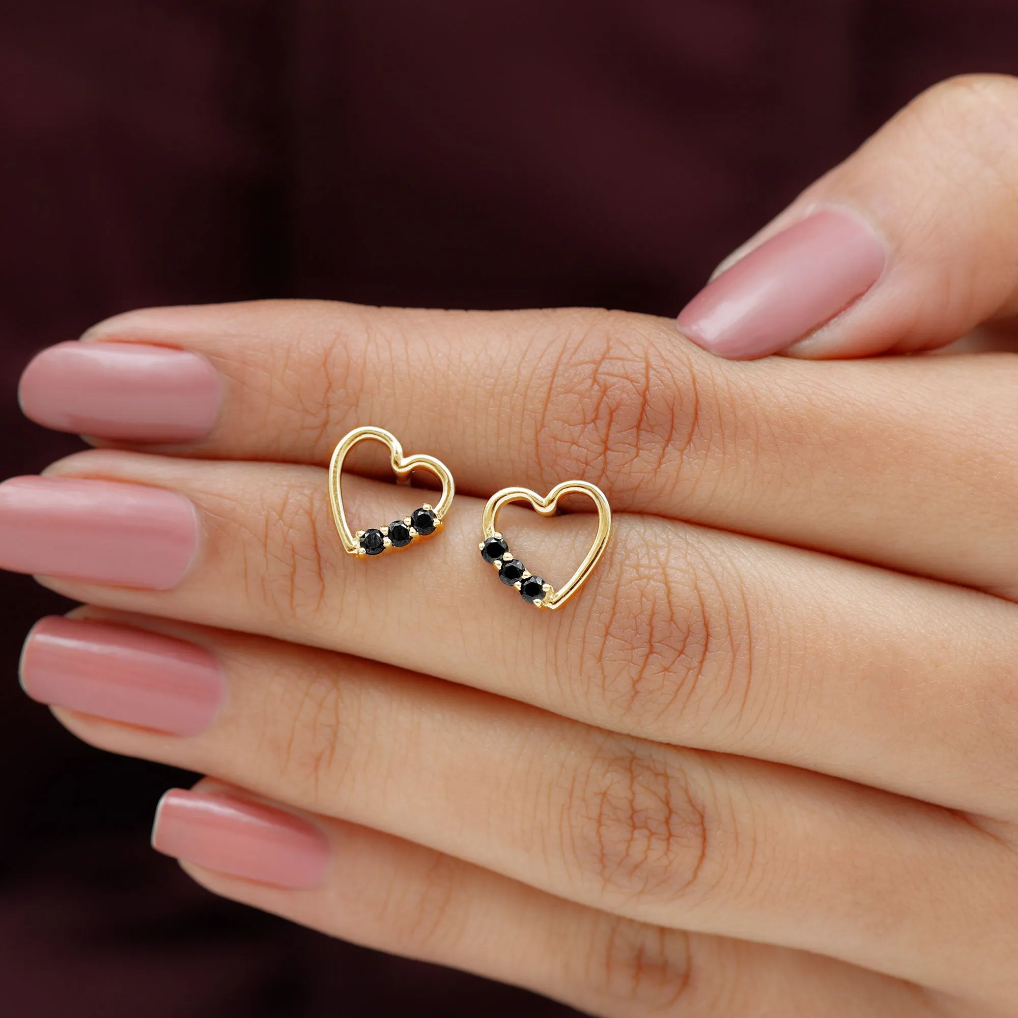 Open Heart Stud Earrings with Three Lab-Created Black Diamond