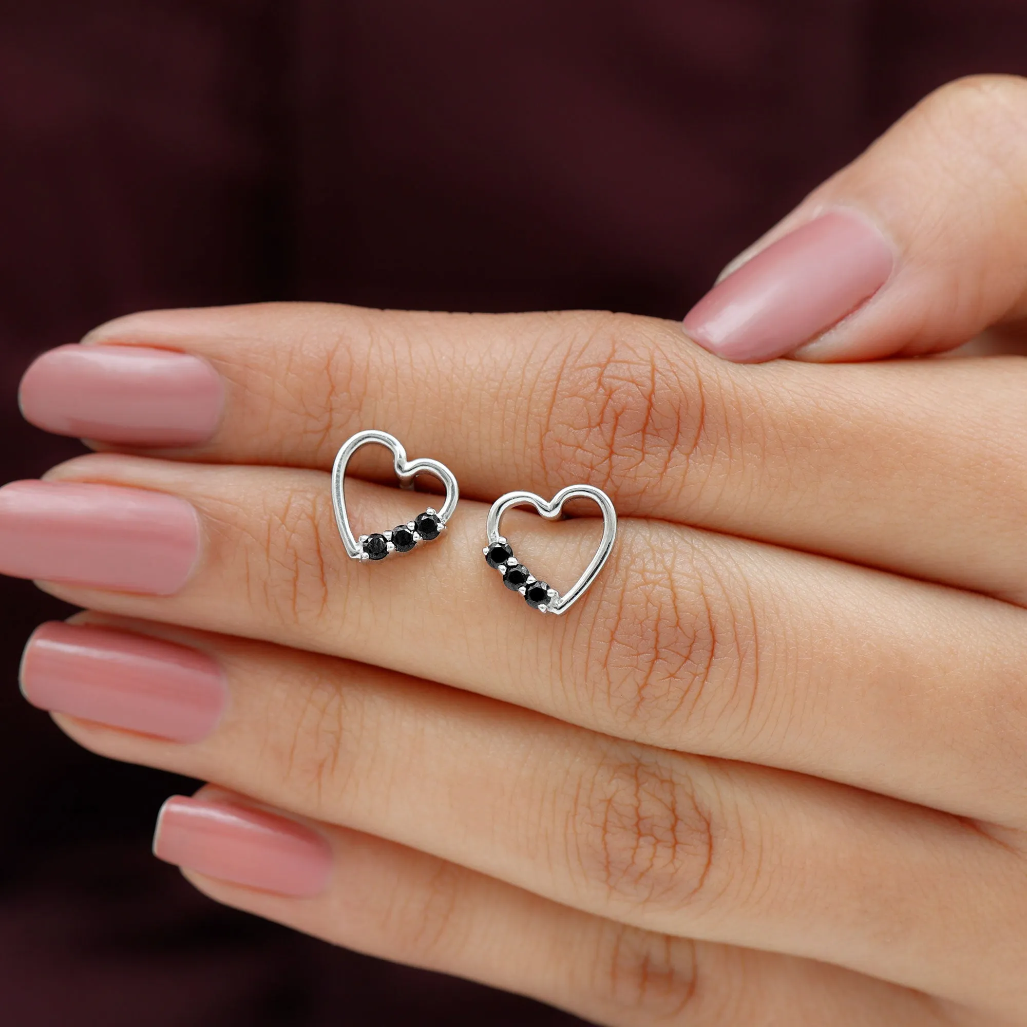 Open Heart Stud Earrings with Three Lab-Created Black Diamond