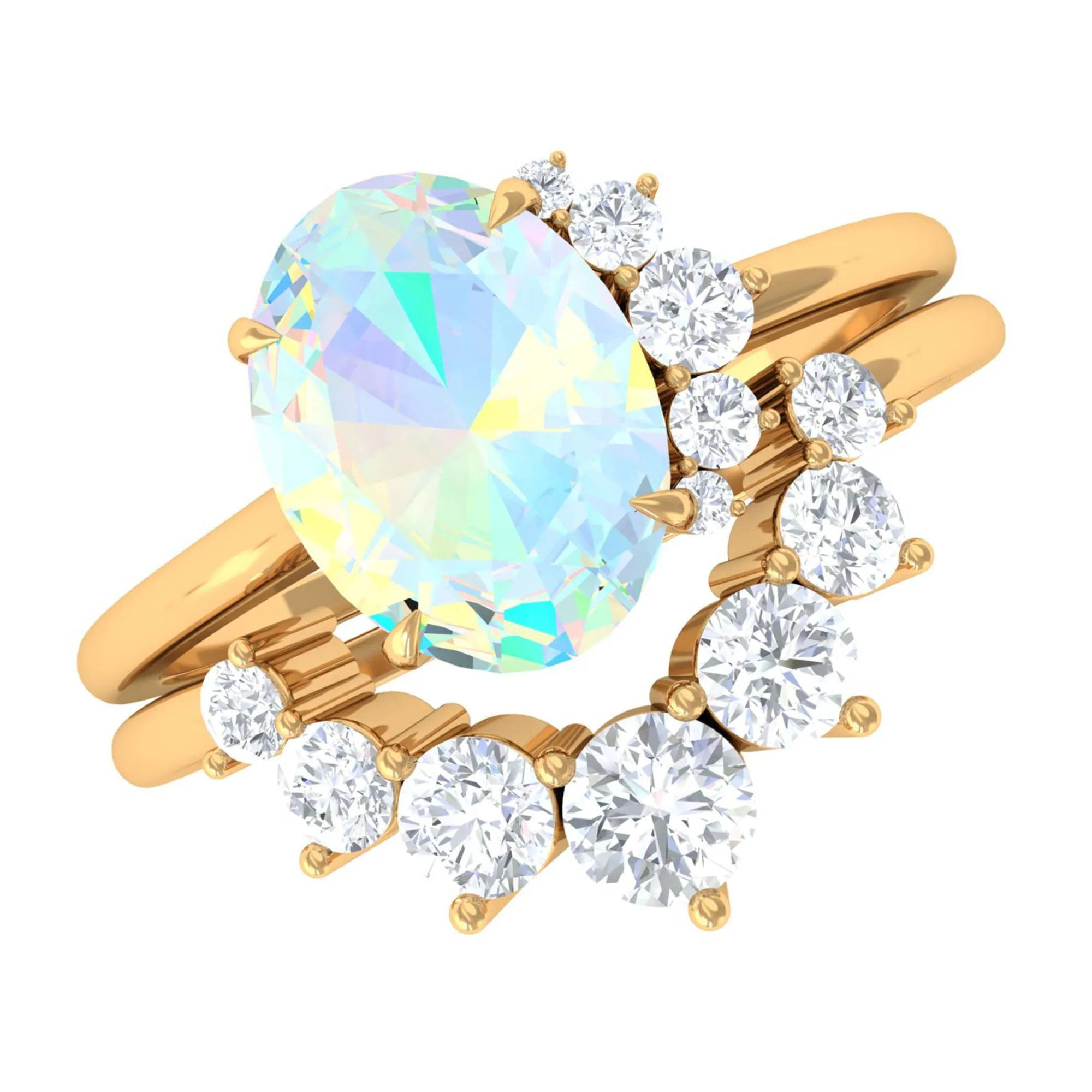 Oval Ethiopian Opal Solitaire Wedding Ring Set with Diamond