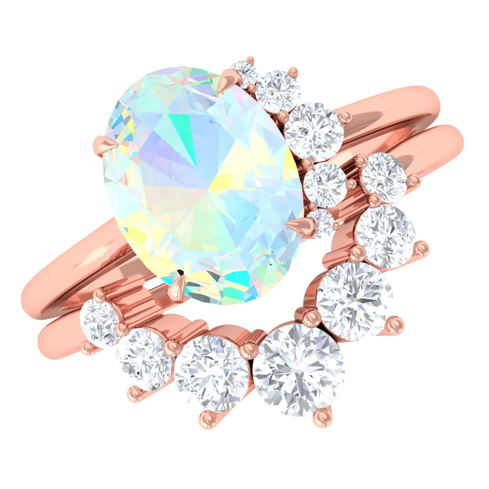 Oval Ethiopian Opal Solitaire Wedding Ring Set with Diamond