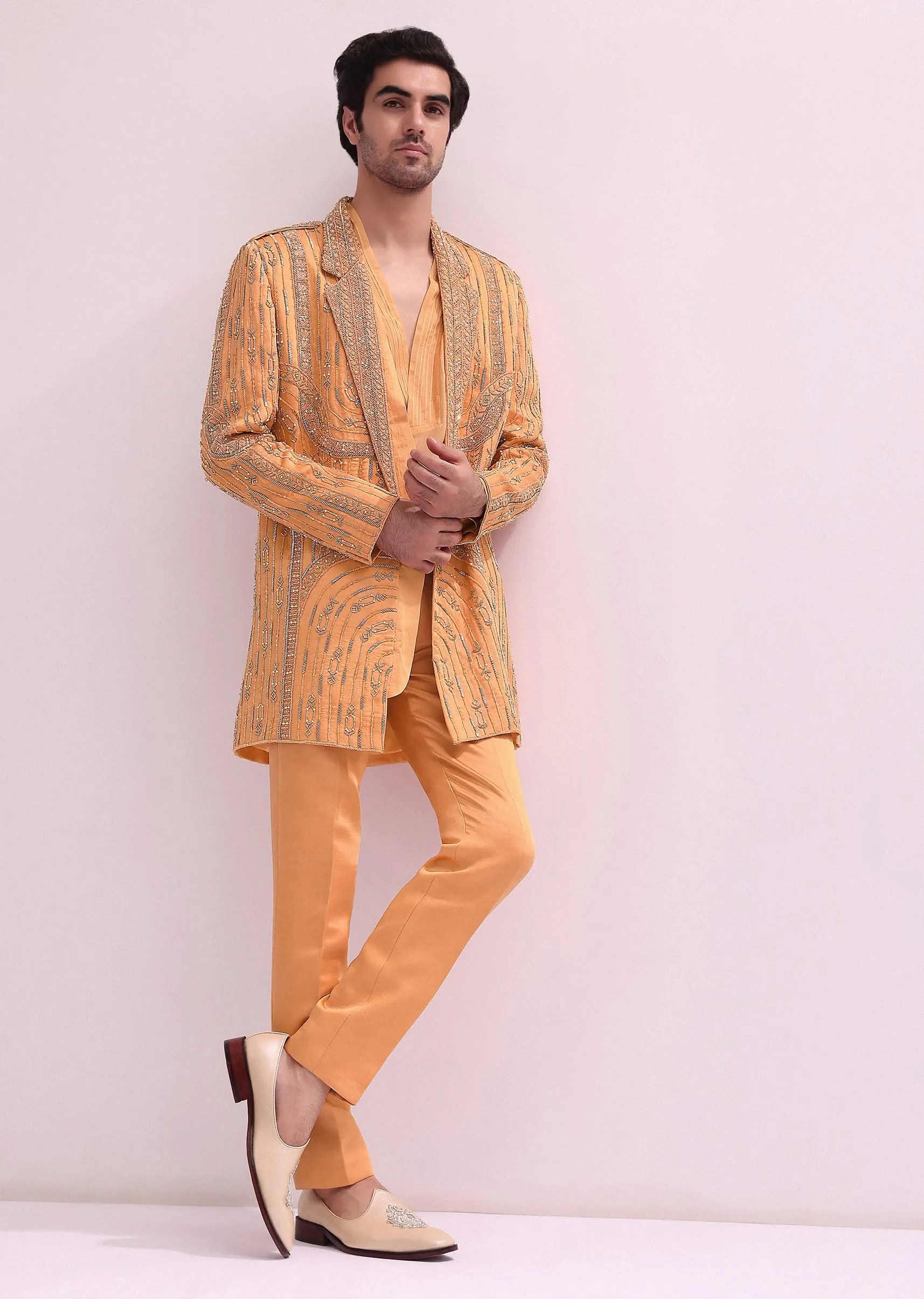 Peach Embellished Shawl Lapel Tuxedo With Kurta And Pants