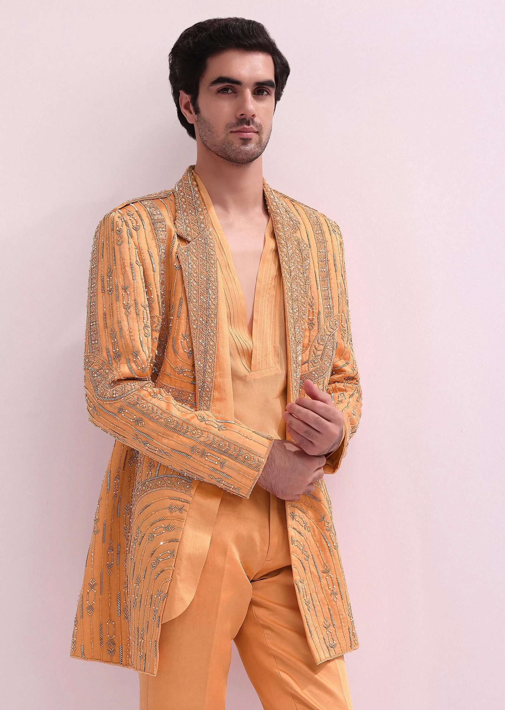 Peach Embellished Shawl Lapel Tuxedo With Kurta And Pants