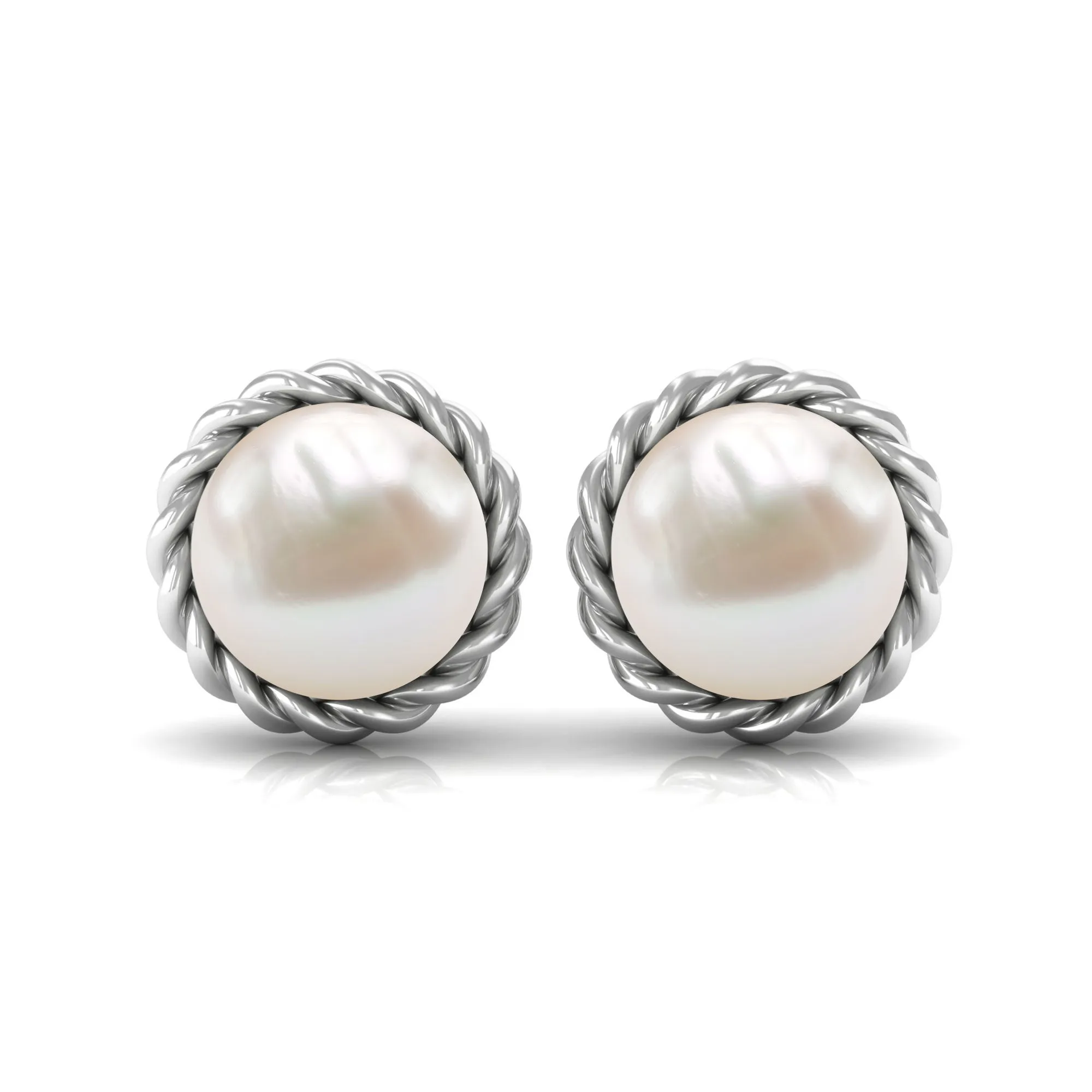 Real Freshwater Pearl Solitaire Stud Earrings with Rope Frame Detail