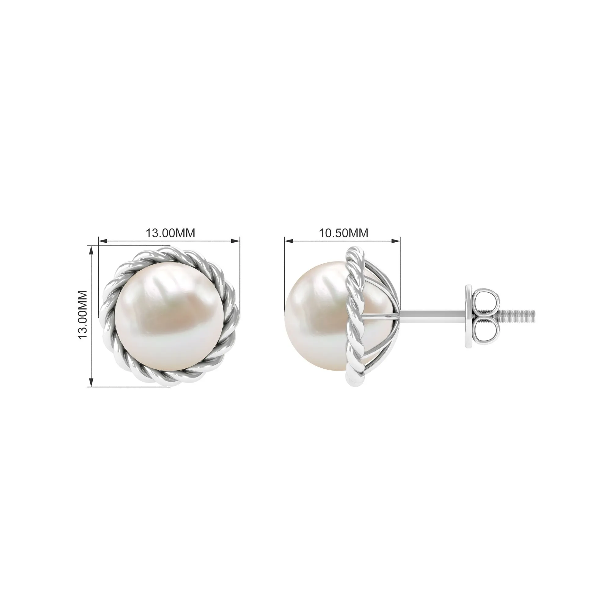 Real Freshwater Pearl Solitaire Stud Earrings with Rope Frame Detail