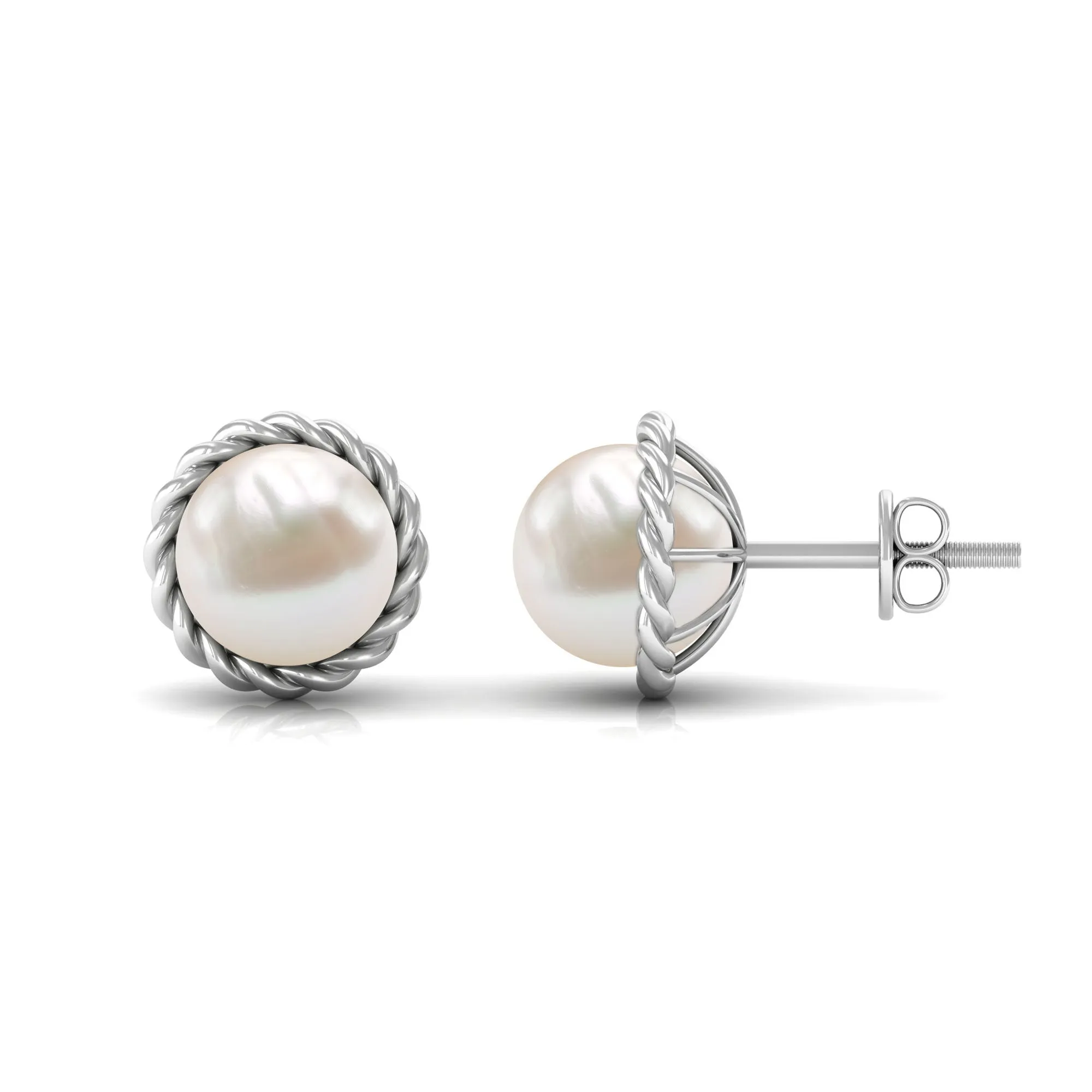 Real Freshwater Pearl Solitaire Stud Earrings with Rope Frame Detail