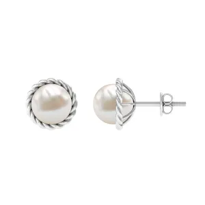 Real Freshwater Pearl Solitaire Stud Earrings with Rope Frame Detail