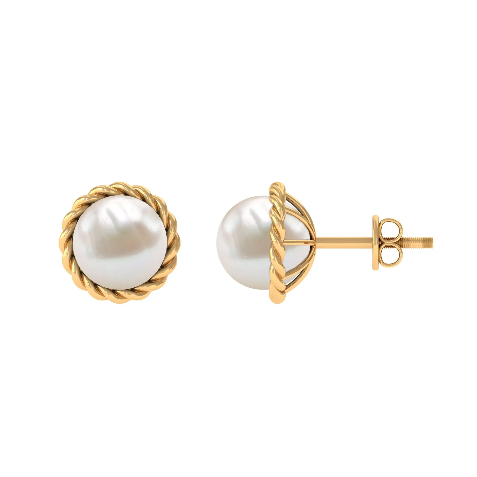 Real Freshwater Pearl Solitaire Stud Earrings with Rope Frame Detail