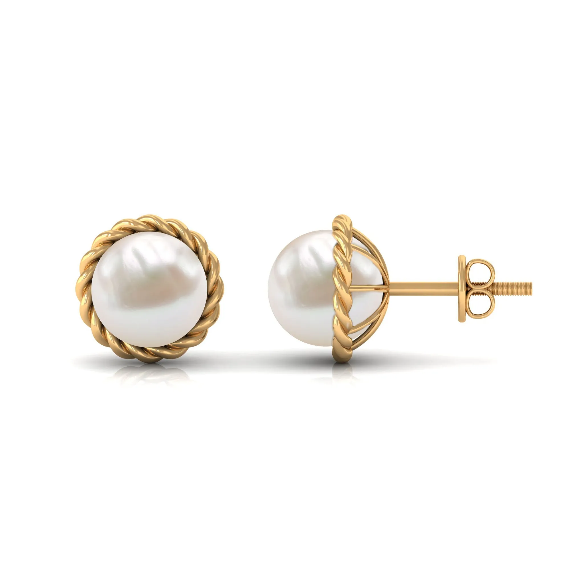 Real Freshwater Pearl Solitaire Stud Earrings with Rope Frame Detail