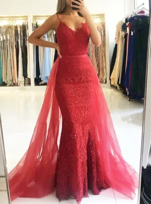 Red Mermaid Prom Dress with Tulle Overskirt,Stunning Evening Dress,PD00422