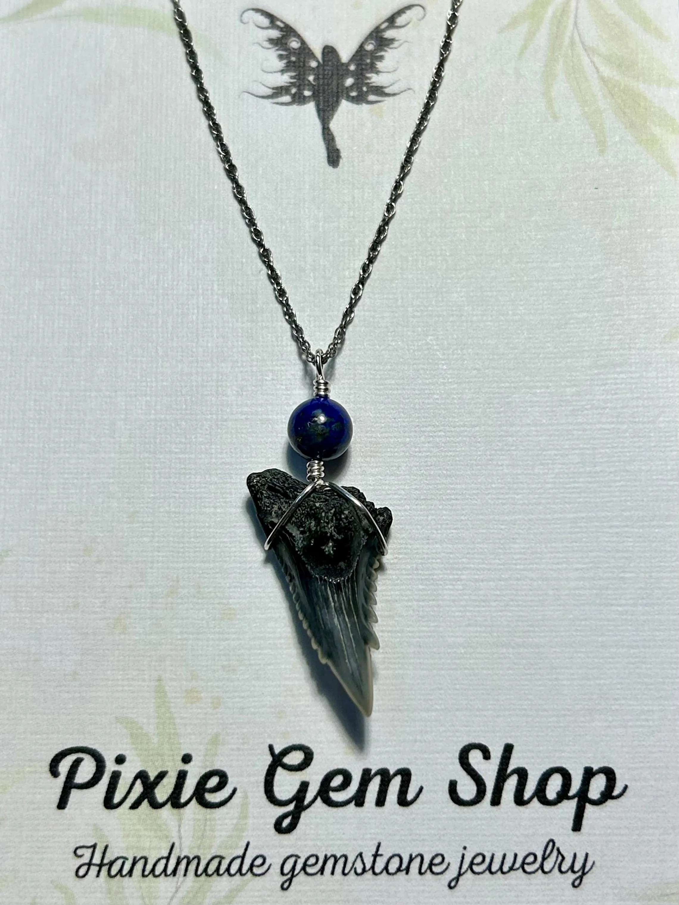 Shark Tooth Fossil & Gemstone Pendant Simple Sterling Silver Chain Necklace (Ruby/Carnelian/Jade/Apatite/Lapis Lazuli/Ametrine/Pearl)