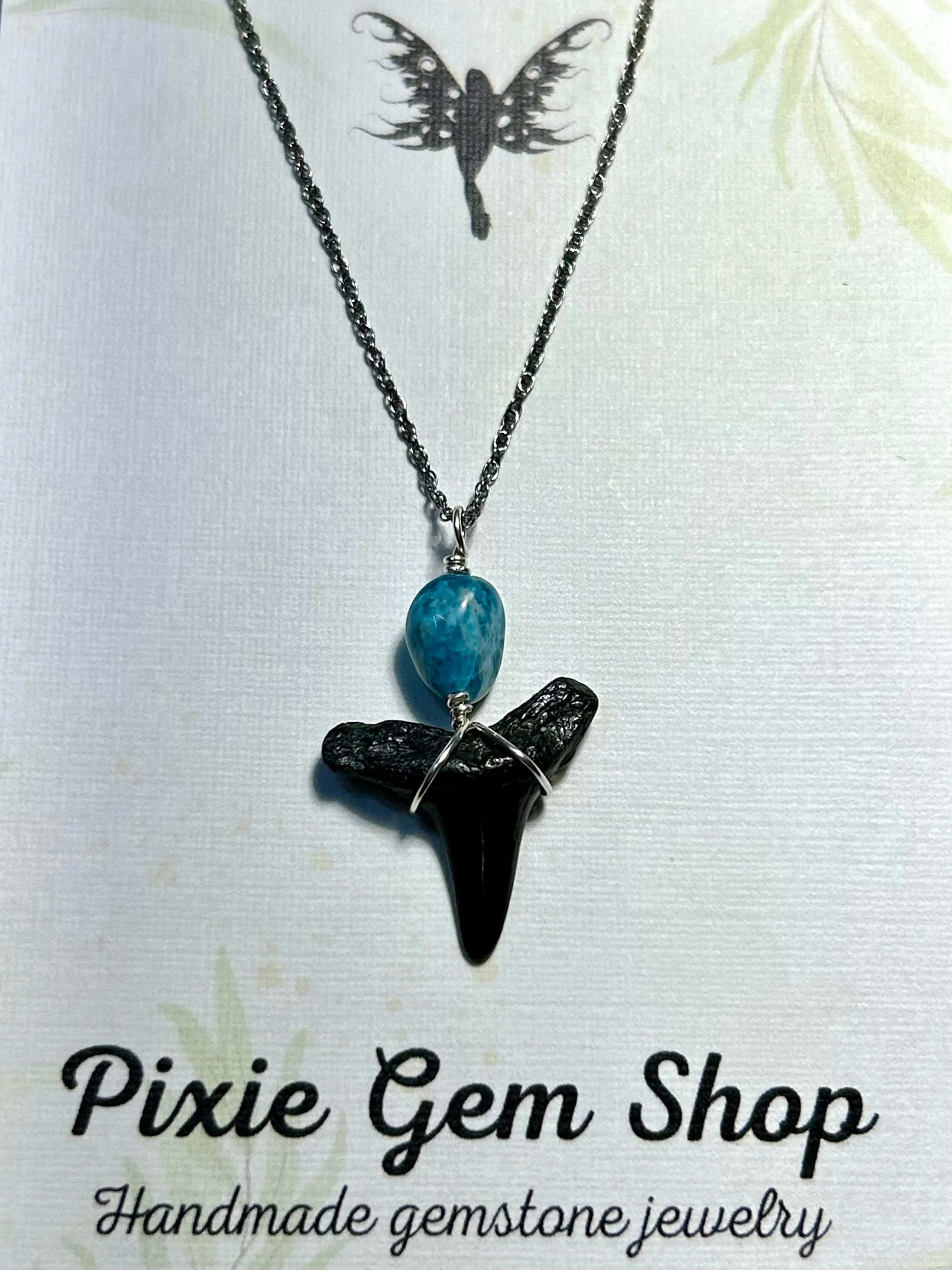 Shark Tooth Fossil & Gemstone Pendant Simple Sterling Silver Chain Necklace (Ruby/Carnelian/Jade/Apatite/Lapis Lazuli/Ametrine/Pearl)
