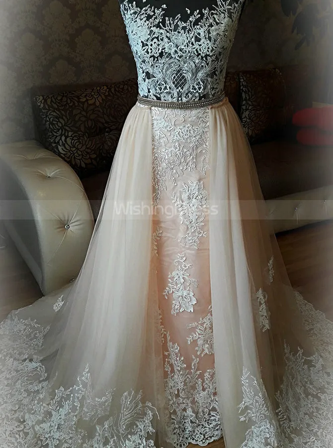 Sheath Wedding Dress with Detachable Skirt,Stunning Wedding Dress Illusion,WD00390
