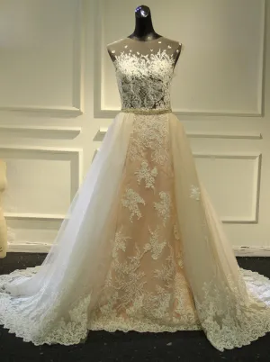 Sheath Wedding Dress with Detachable Skirt,Stunning Wedding Dress Illusion,WD00390