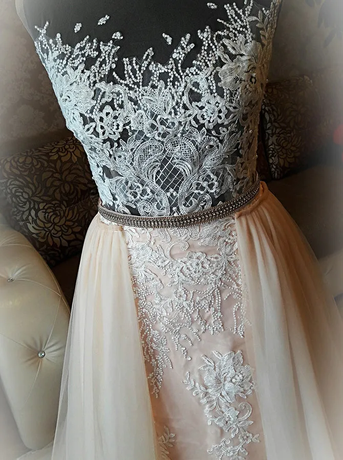 Sheath Wedding Dress with Detachable Skirt,Stunning Wedding Dress Illusion,WD00390