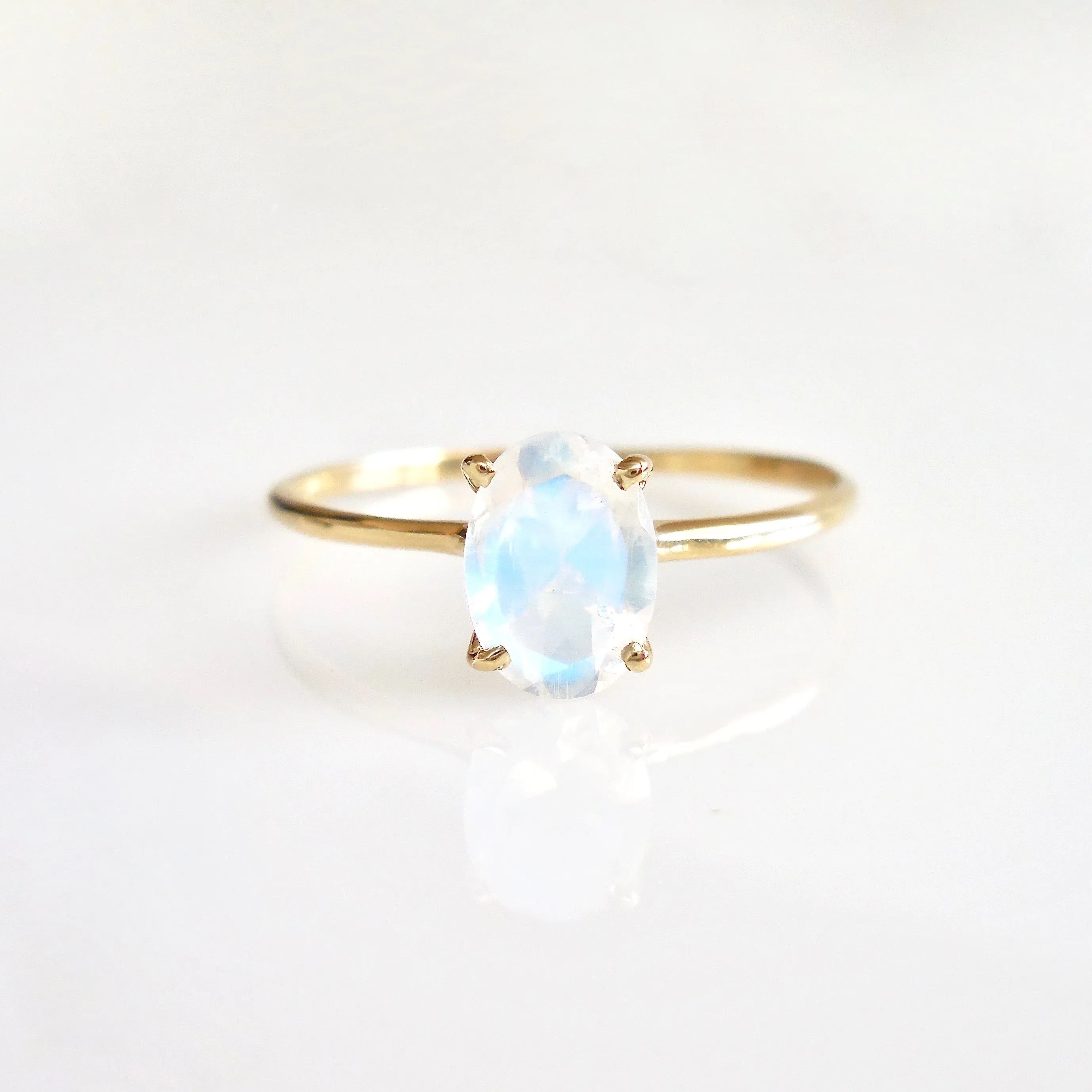 Small Oval Moonstone Solitaire Ring - Oval Moonstone Ring - Rainbow Moonstone Ring