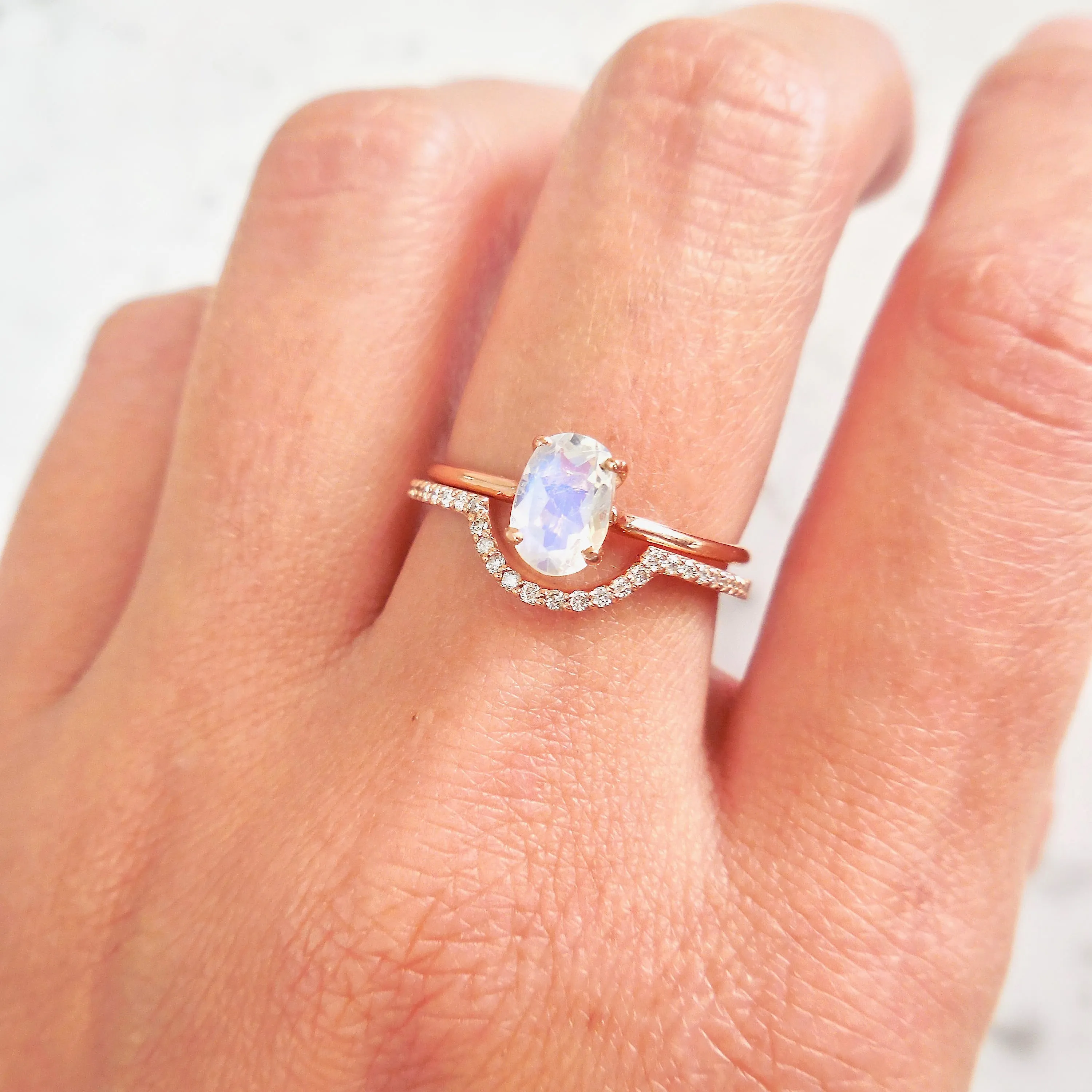 Small Oval Moonstone Solitaire Ring - Oval Moonstone Ring - Rainbow Moonstone Ring
