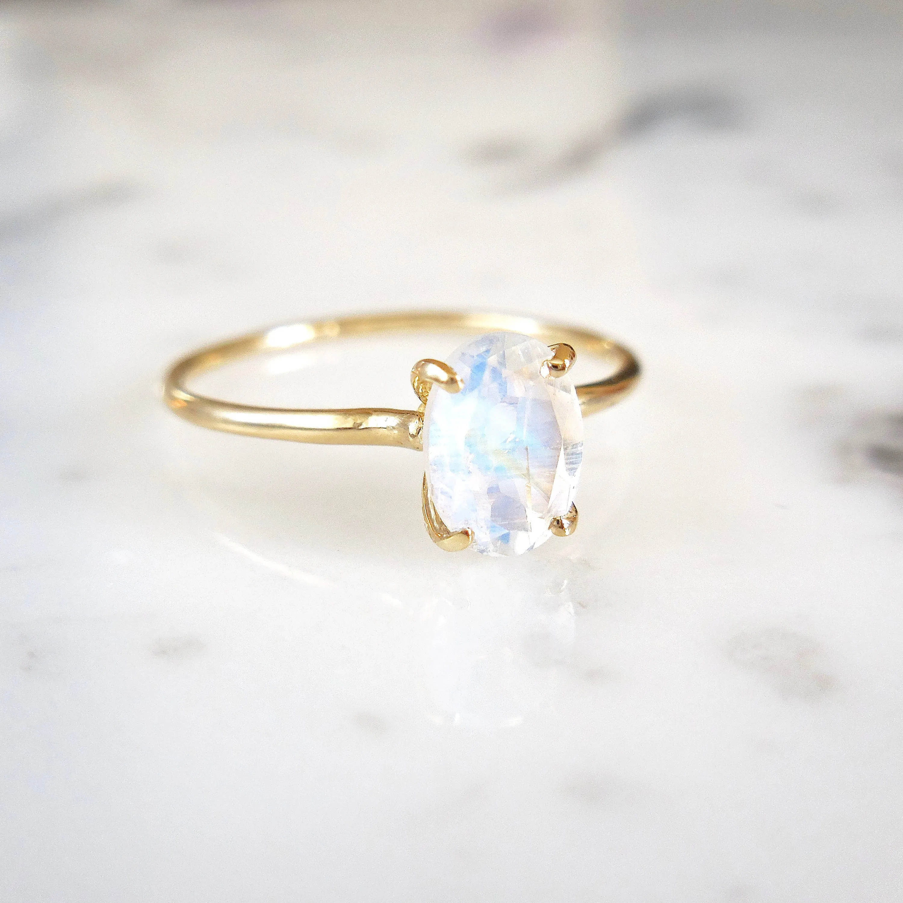 Small Oval Moonstone Solitaire Ring - Oval Moonstone Ring - Rainbow Moonstone Ring