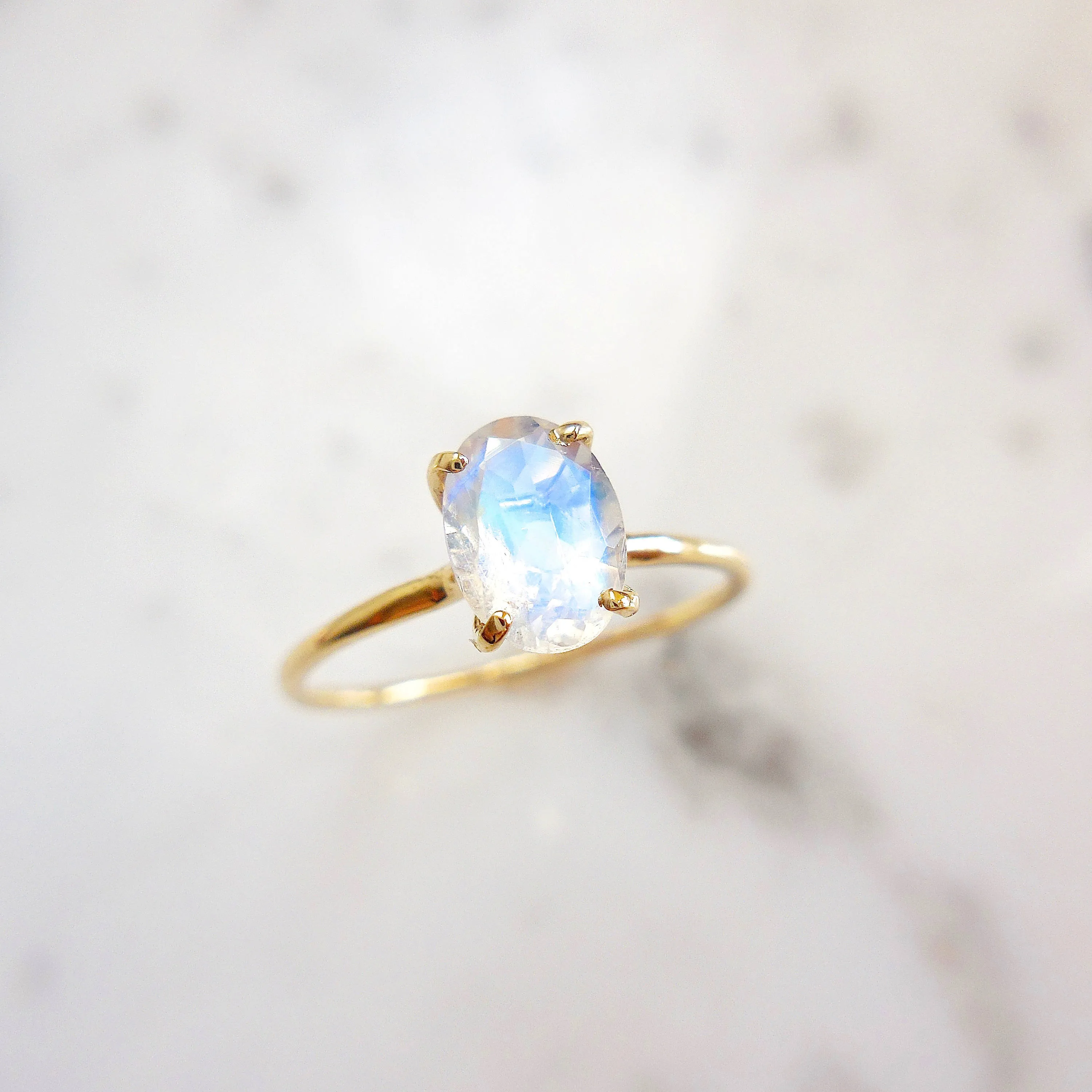 Small Oval Moonstone Solitaire Ring - Oval Moonstone Ring - Rainbow Moonstone Ring