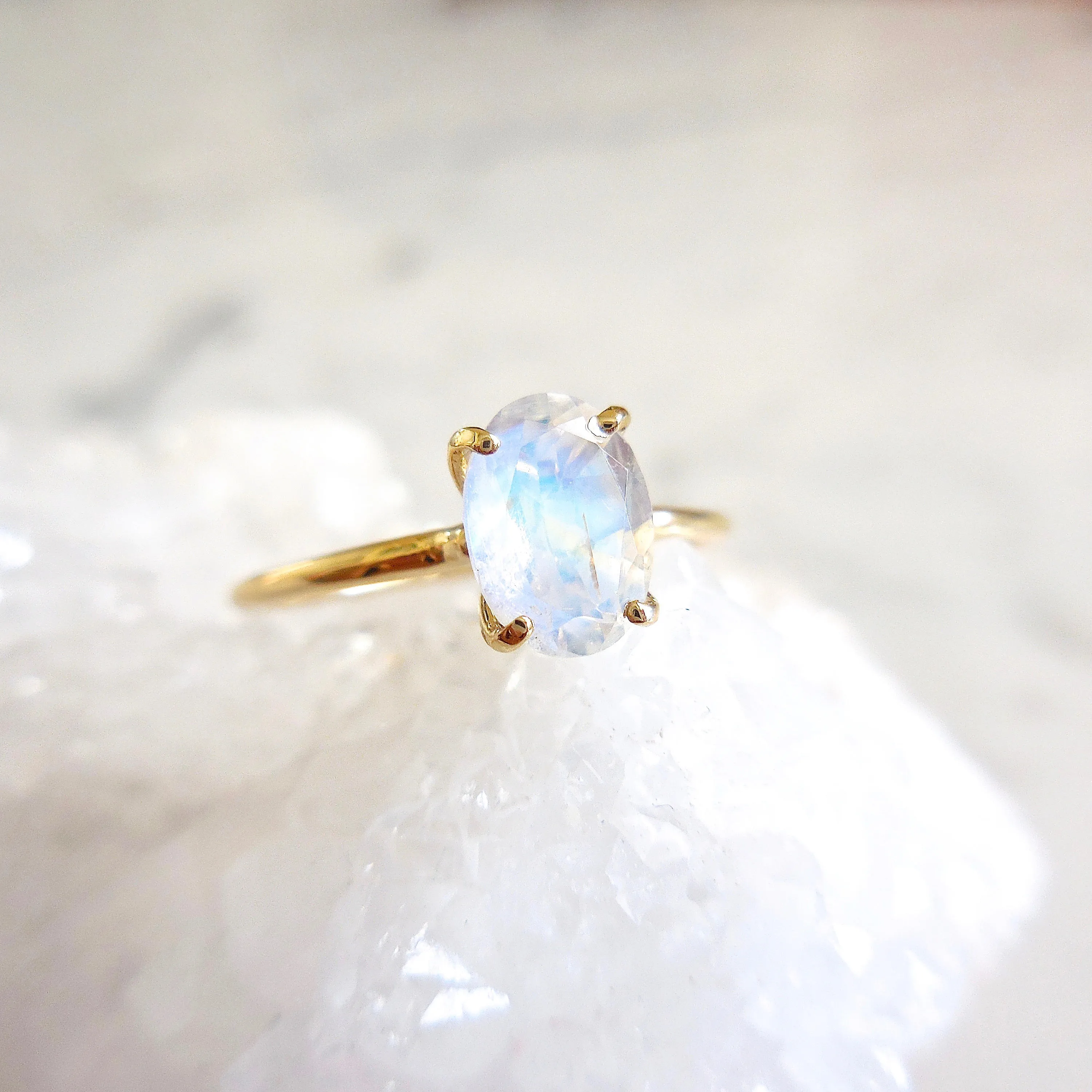 Small Oval Moonstone Solitaire Ring - Oval Moonstone Ring - Rainbow Moonstone Ring