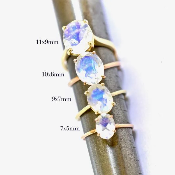 Small Oval Moonstone Solitaire Ring - Oval Moonstone Ring - Rainbow Moonstone Ring