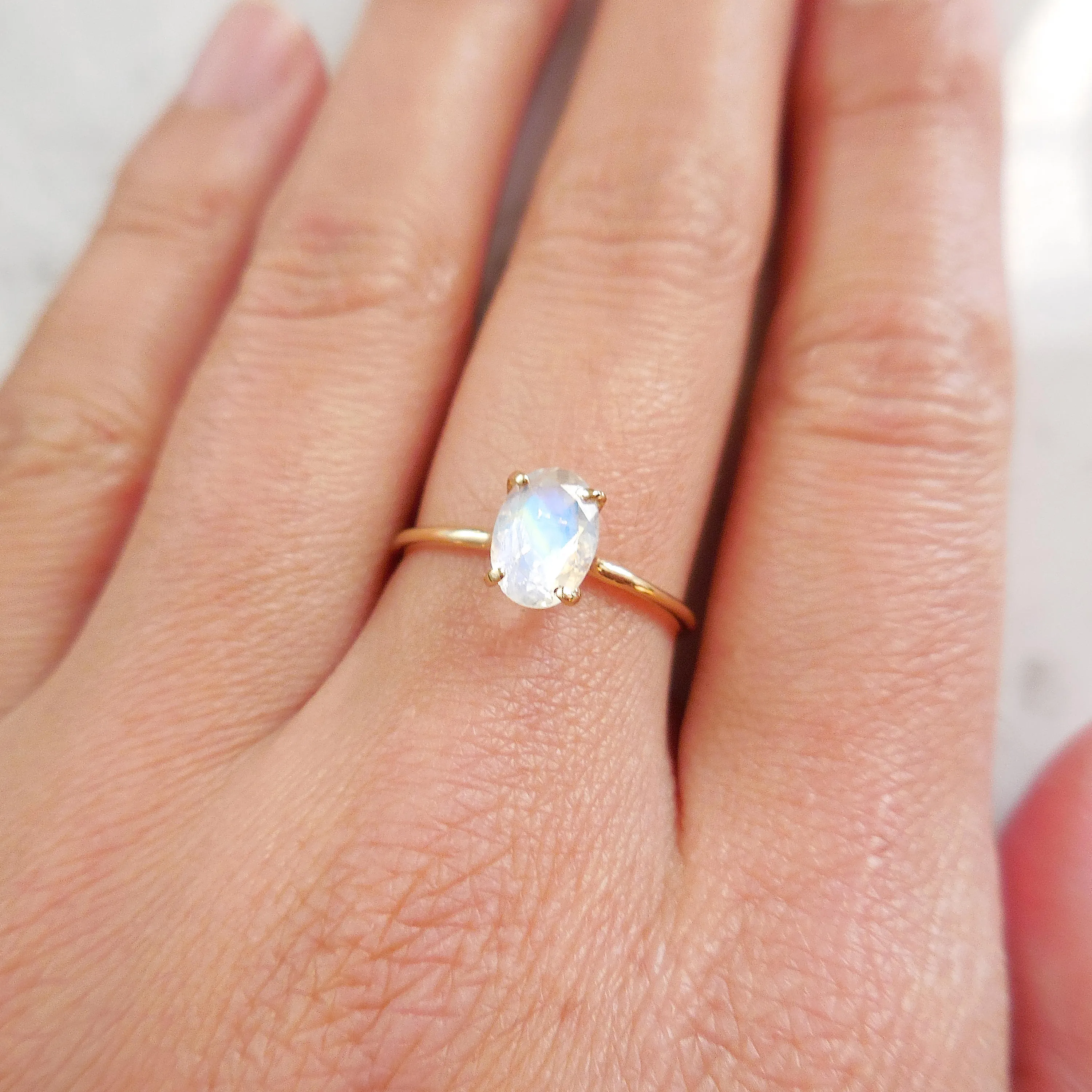 Small Oval Moonstone Solitaire Ring - Oval Moonstone Ring - Rainbow Moonstone Ring