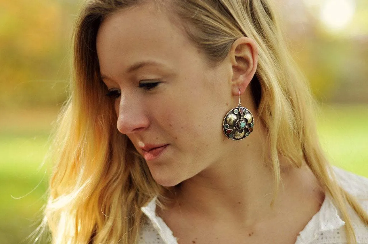 Sterling Silver and Coral Tibetan Earrings