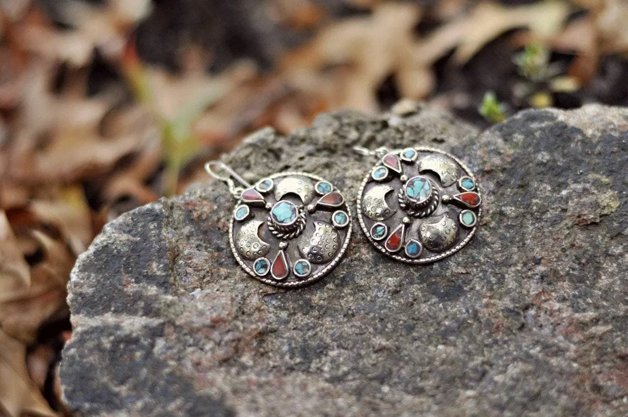 Sterling Silver and Coral Tibetan Earrings