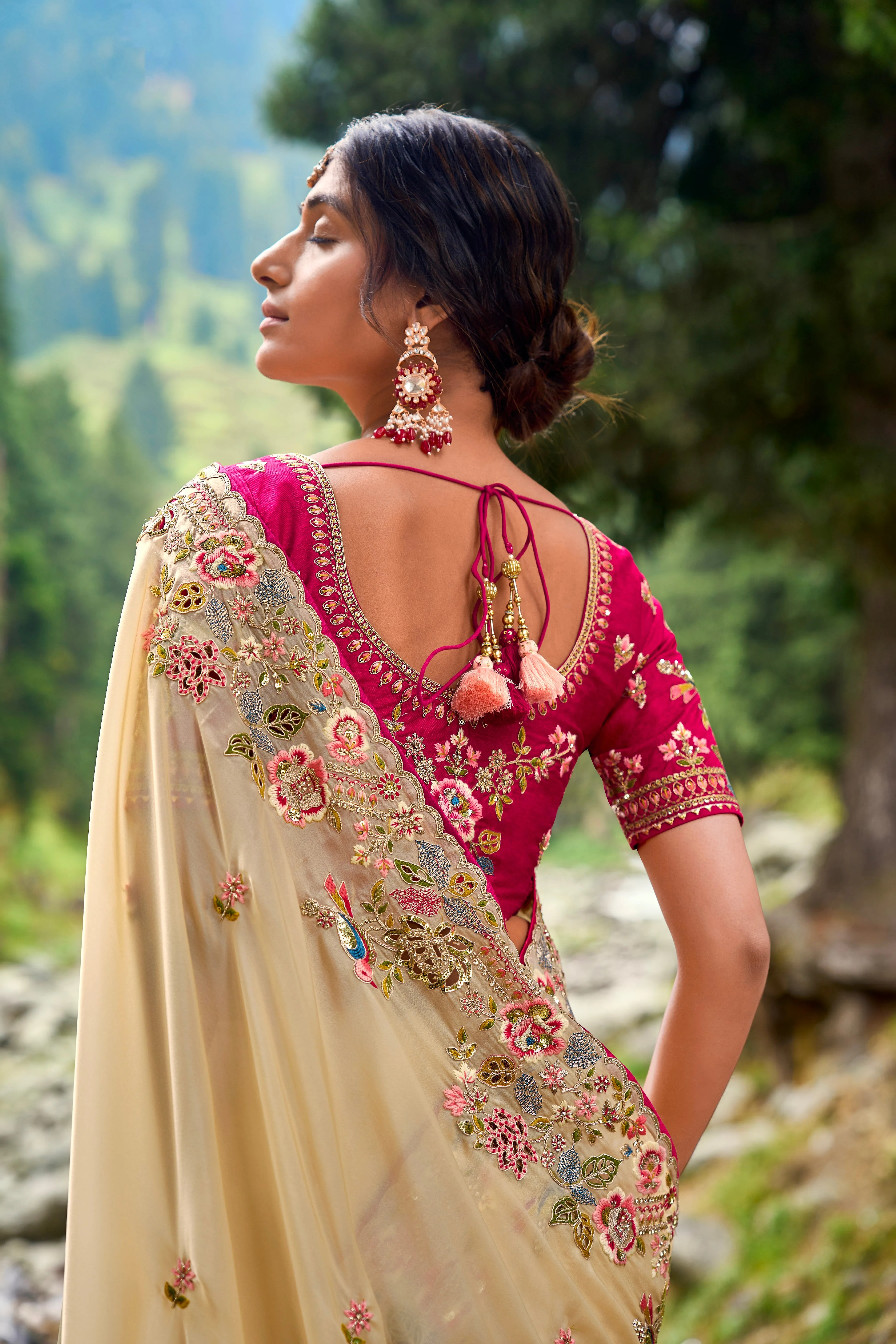 Stunning Cream Satin Organza Saree with Gajri Silk Blouse