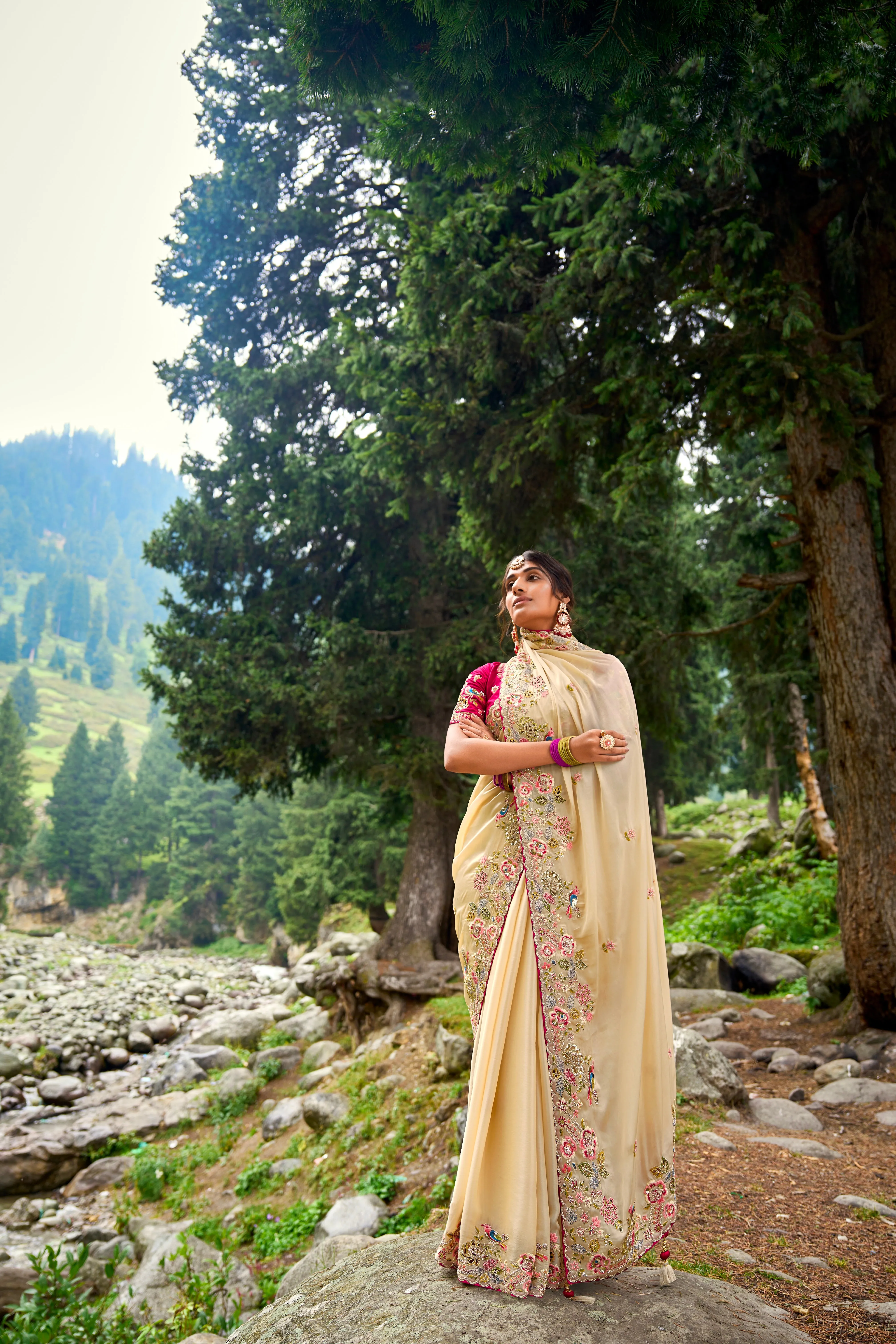 Stunning Cream Satin Organza Saree with Gajri Silk Blouse