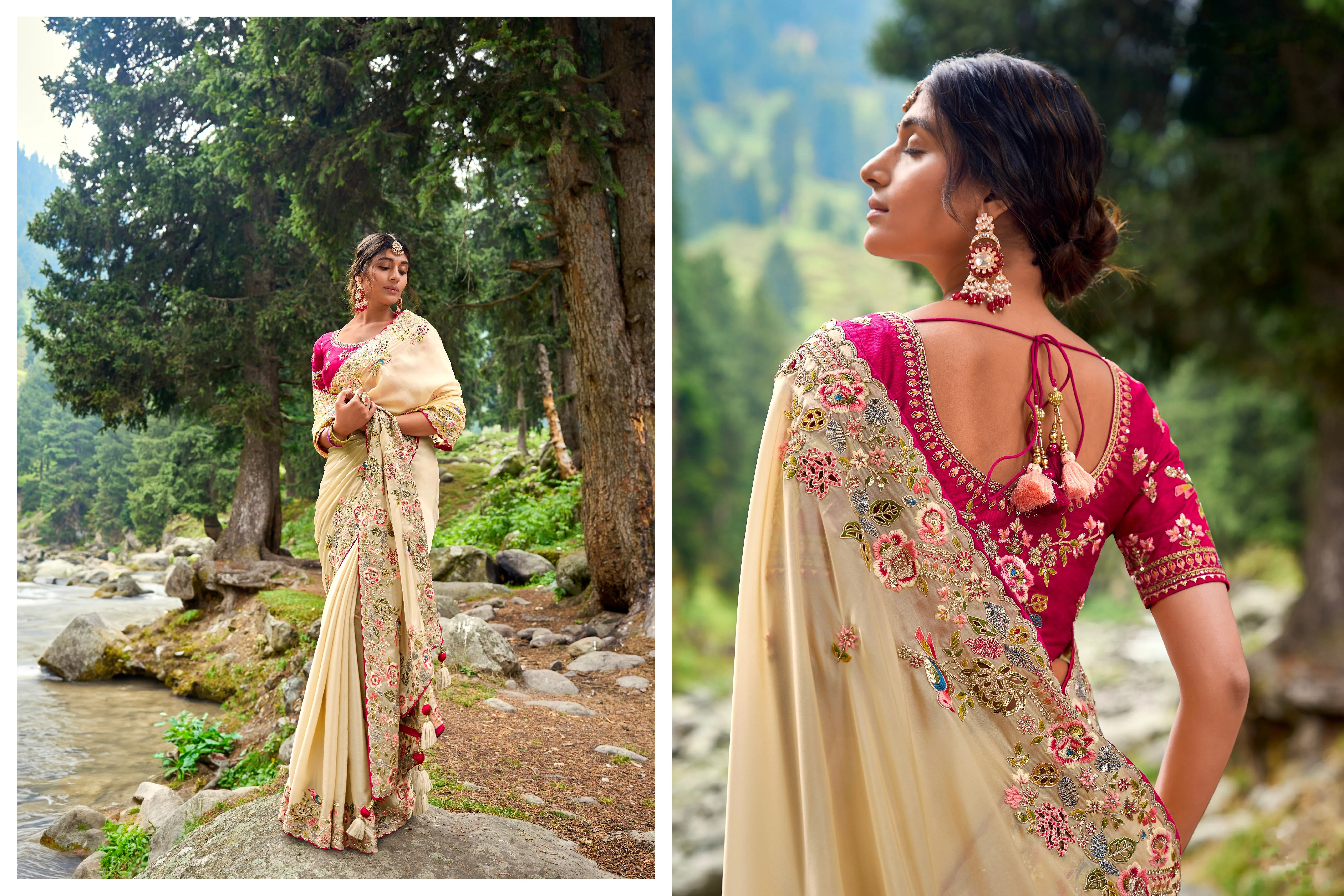 Stunning Cream Satin Organza Saree with Gajri Silk Blouse