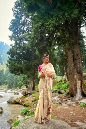 Stunning Cream Satin Organza Saree with Gajri Silk Blouse
