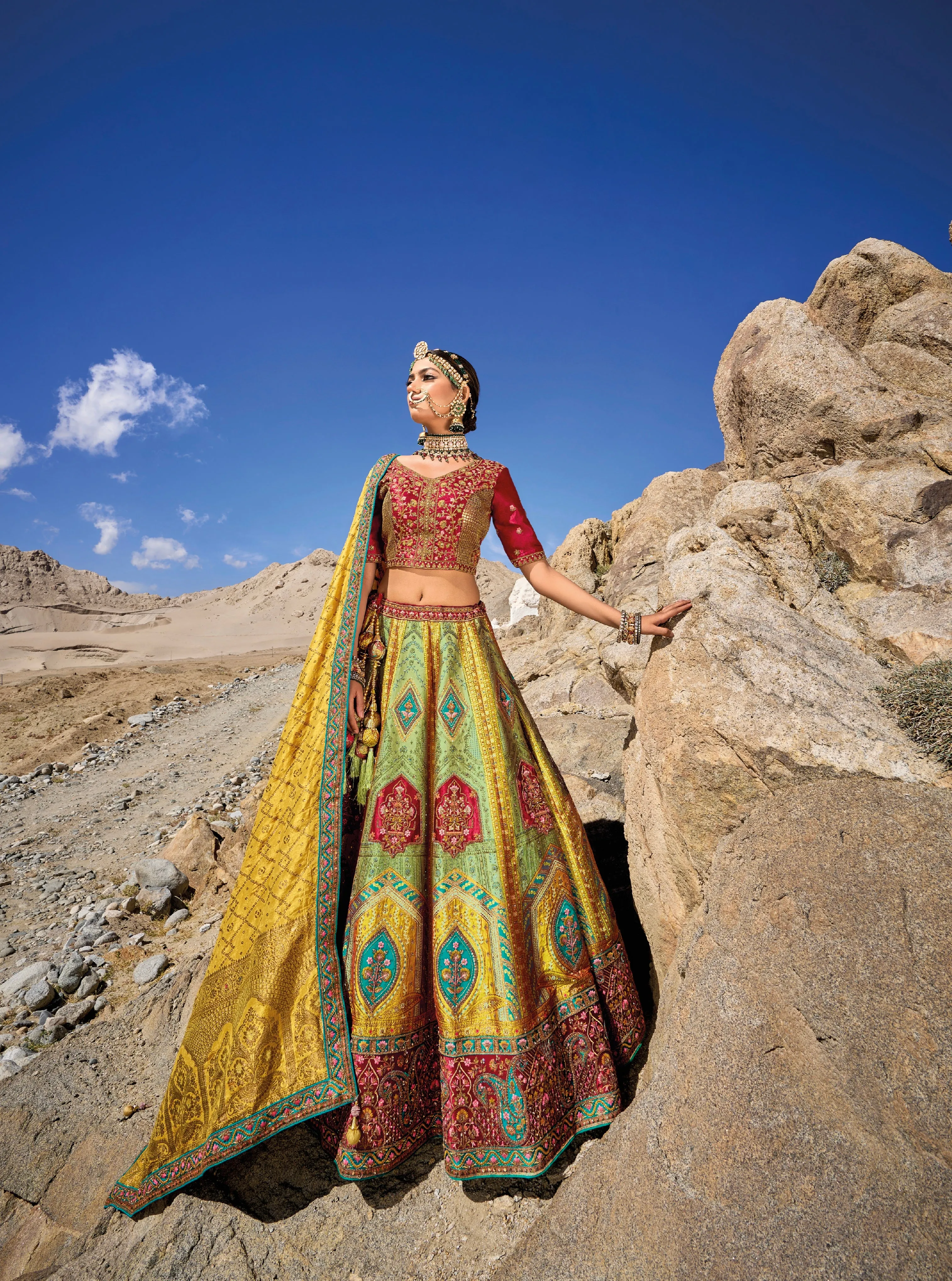 Stunning Yellow & Green Banarasi Silk Lehenga with Maroon Satin Blouse