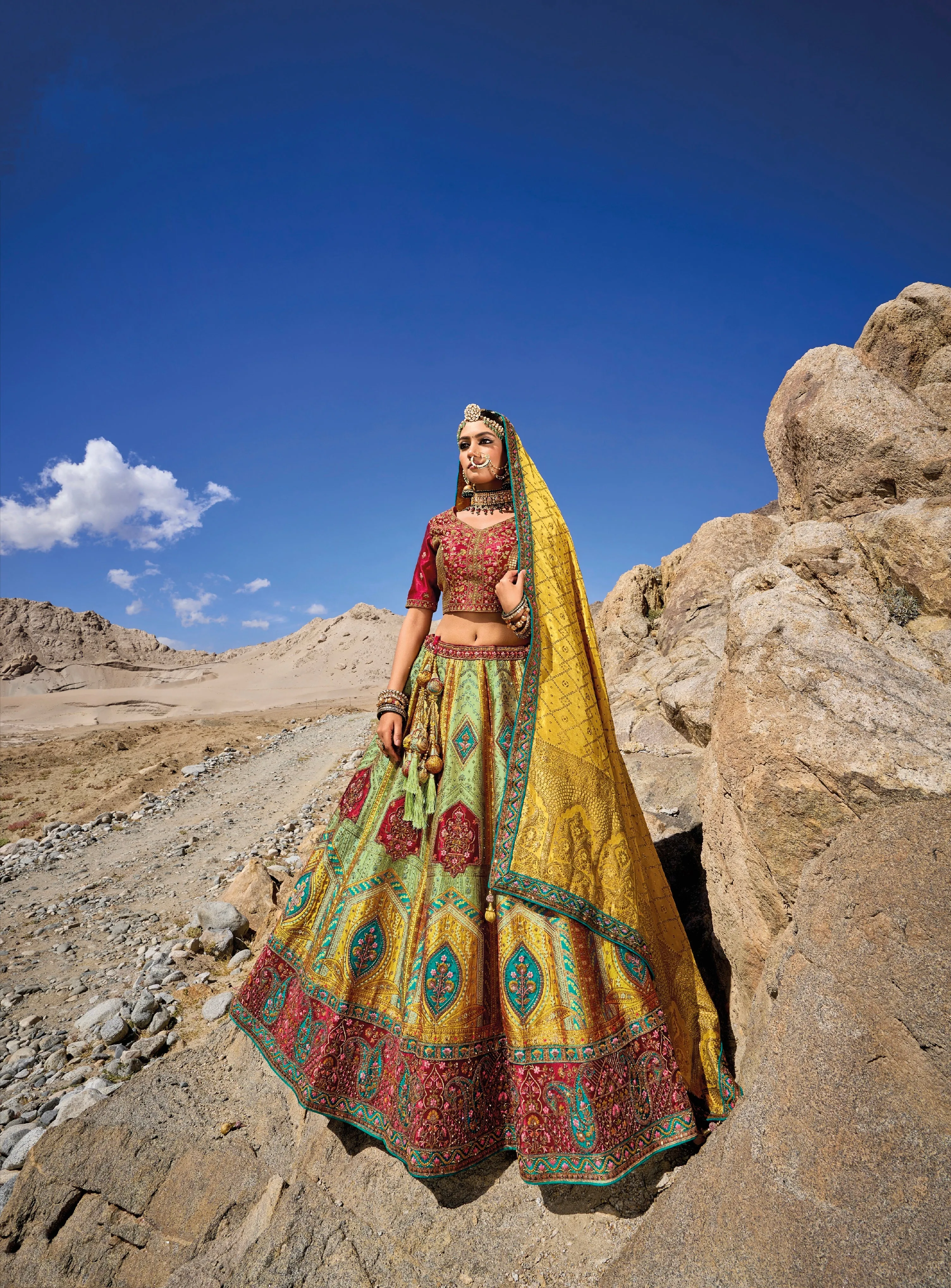 Stunning Yellow & Green Banarasi Silk Lehenga with Maroon Satin Blouse