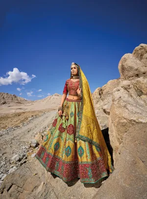 Stunning Yellow & Green Banarasi Silk Lehenga with Maroon Satin Blouse