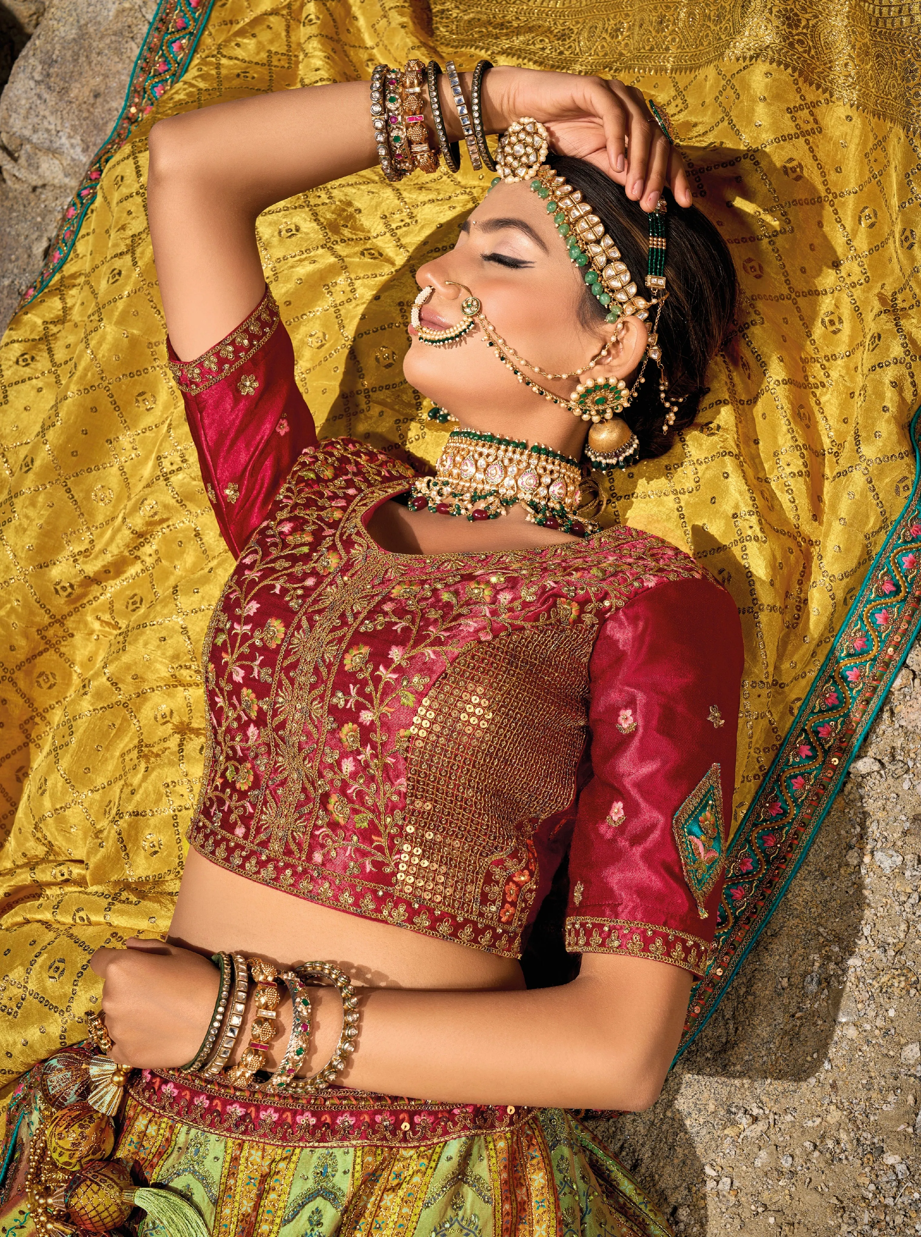 Stunning Yellow & Green Banarasi Silk Lehenga with Maroon Satin Blouse