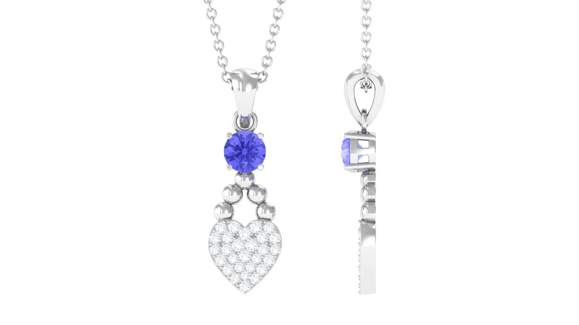 Tanzanite and Diamond Heart Drop Pendant with Beaded Detailing