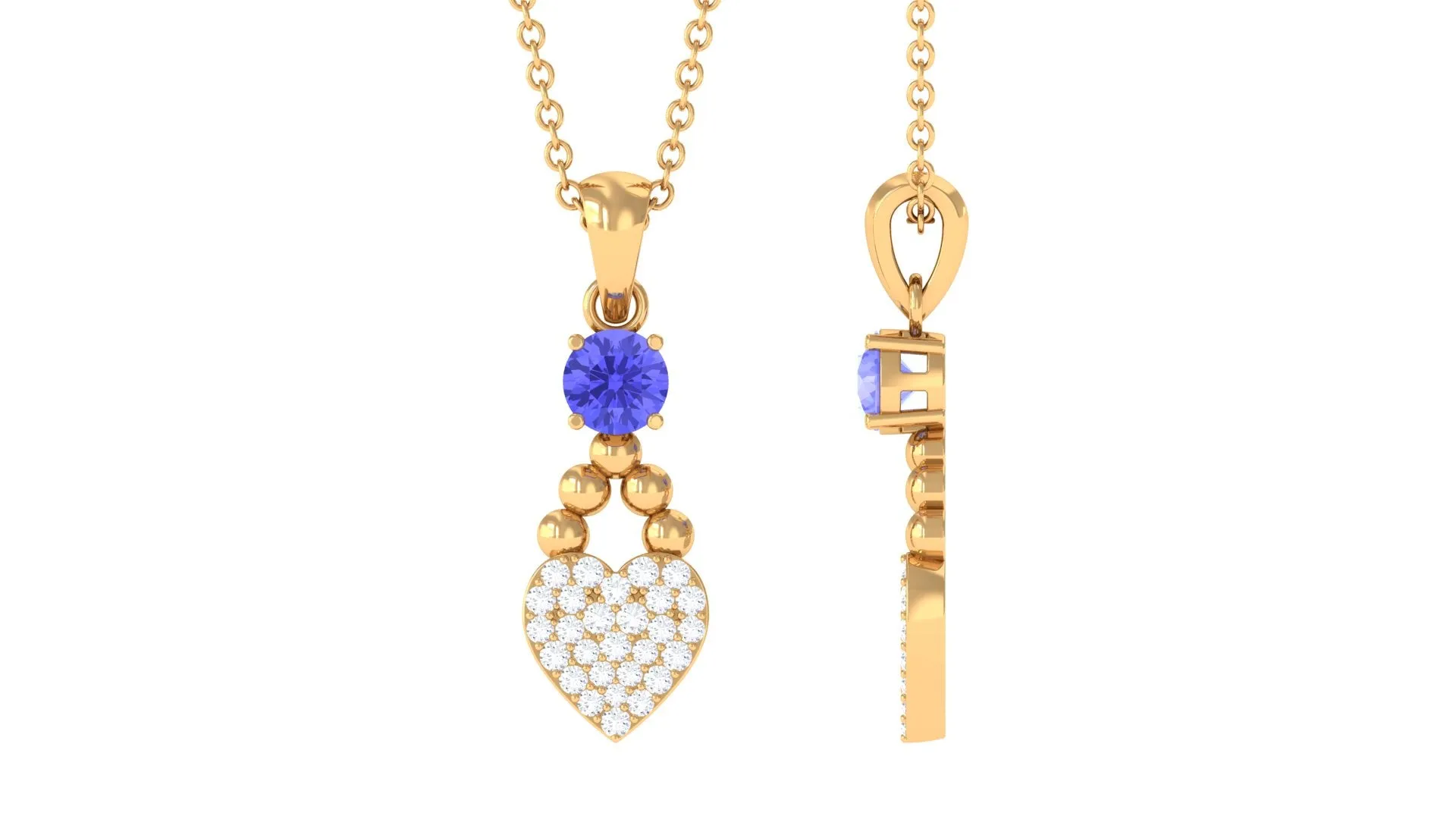 Tanzanite and Diamond Heart Drop Pendant with Beaded Detailing