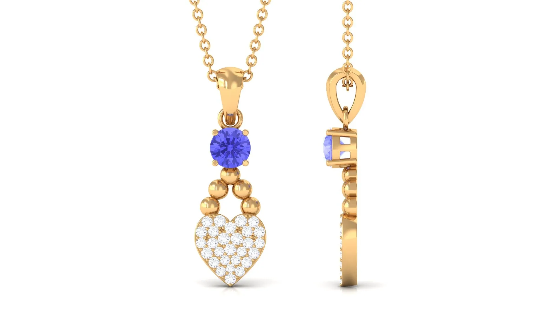 Tanzanite and Diamond Heart Drop Pendant with Beaded Detailing