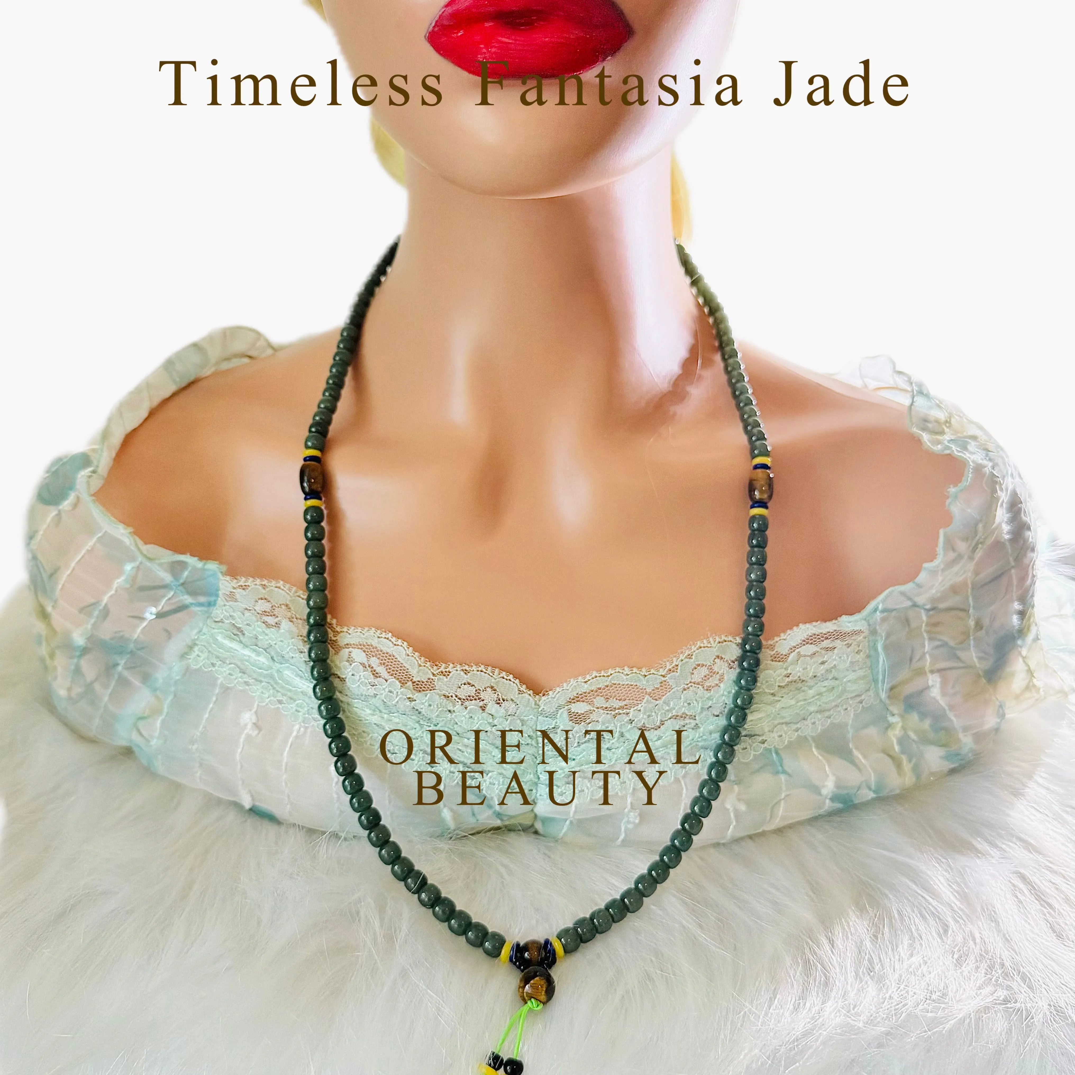 Top tier quality Certified 28 inches Premium genuine Siberian nephrite Necklace Porcelain-Blue  6.6 mm 108 barrel Beads