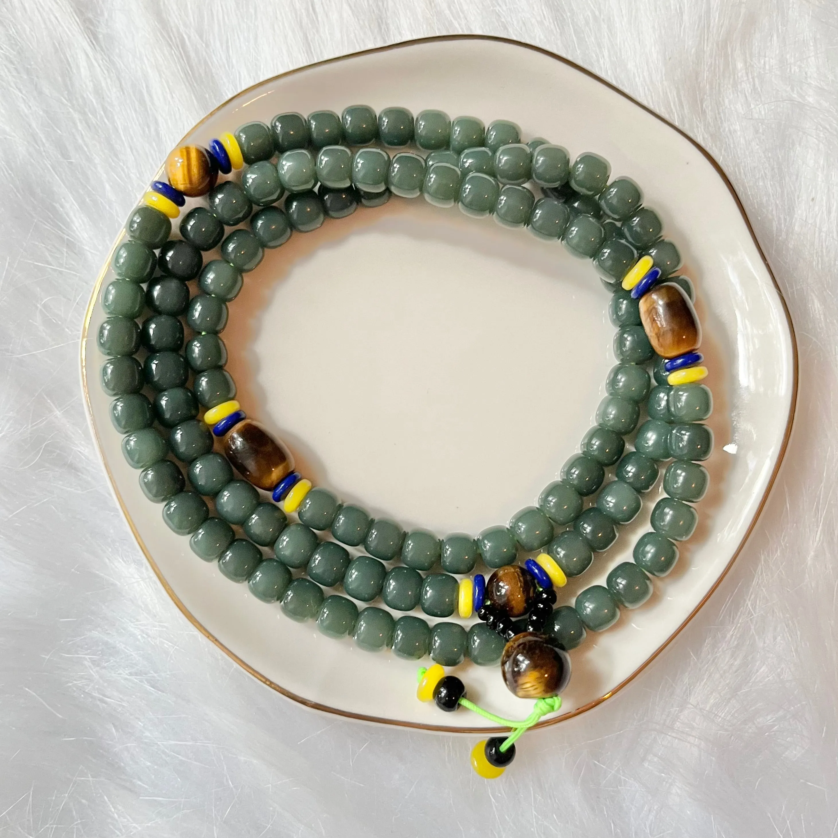 Top tier quality Certified 28 inches Premium genuine Siberian nephrite Necklace Porcelain-Blue  6.6 mm 108 barrel Beads