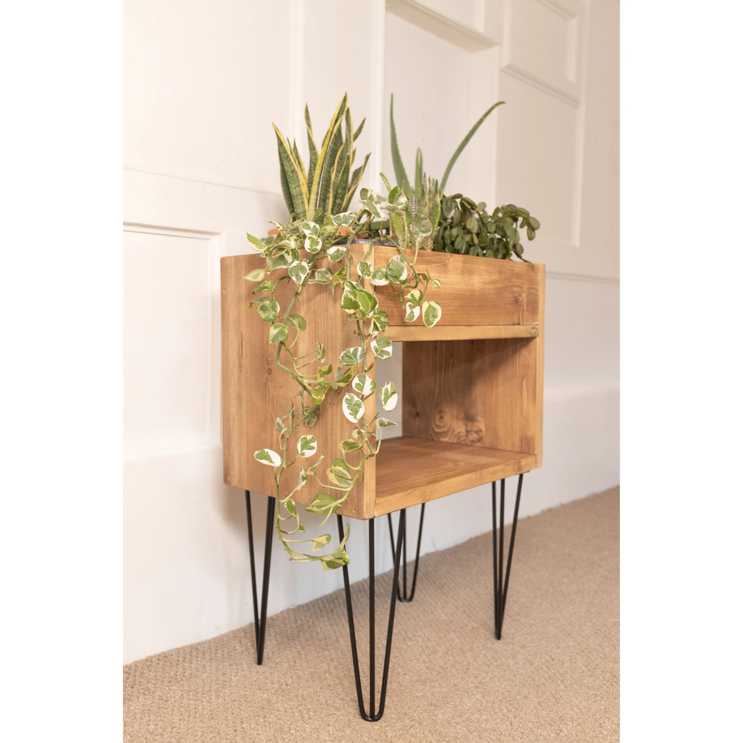 TULASI: Reclaimed Handmade Wood Indoor Planter and Storage Unit with Hairpin Legs